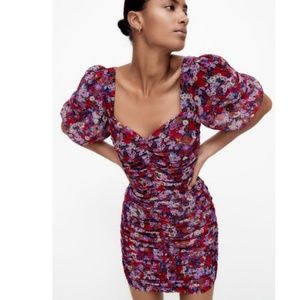Zara  Shimmer Floral Puff Sleeve Mini Dress XS